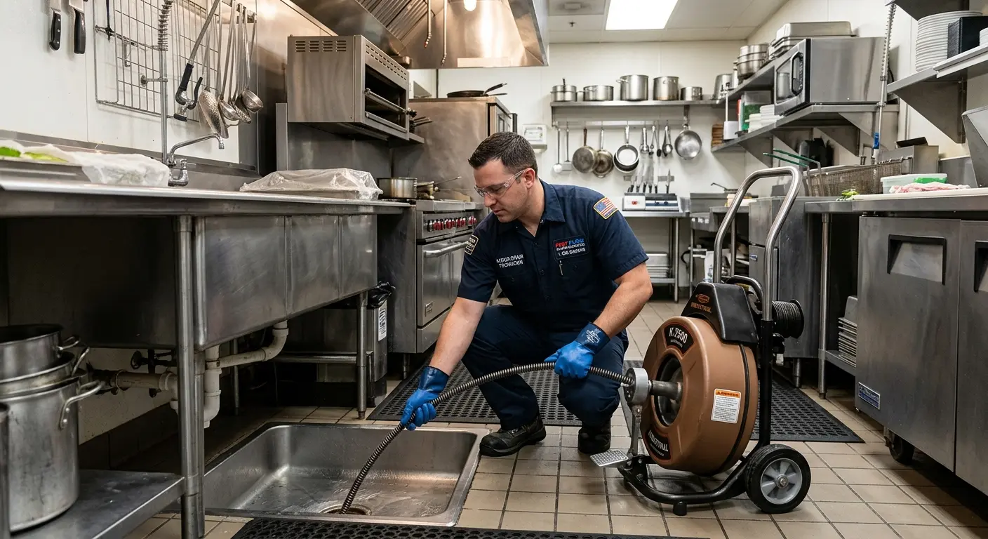 Commercial drain cleaning service in a restaurant kitchen in West Puente Valley