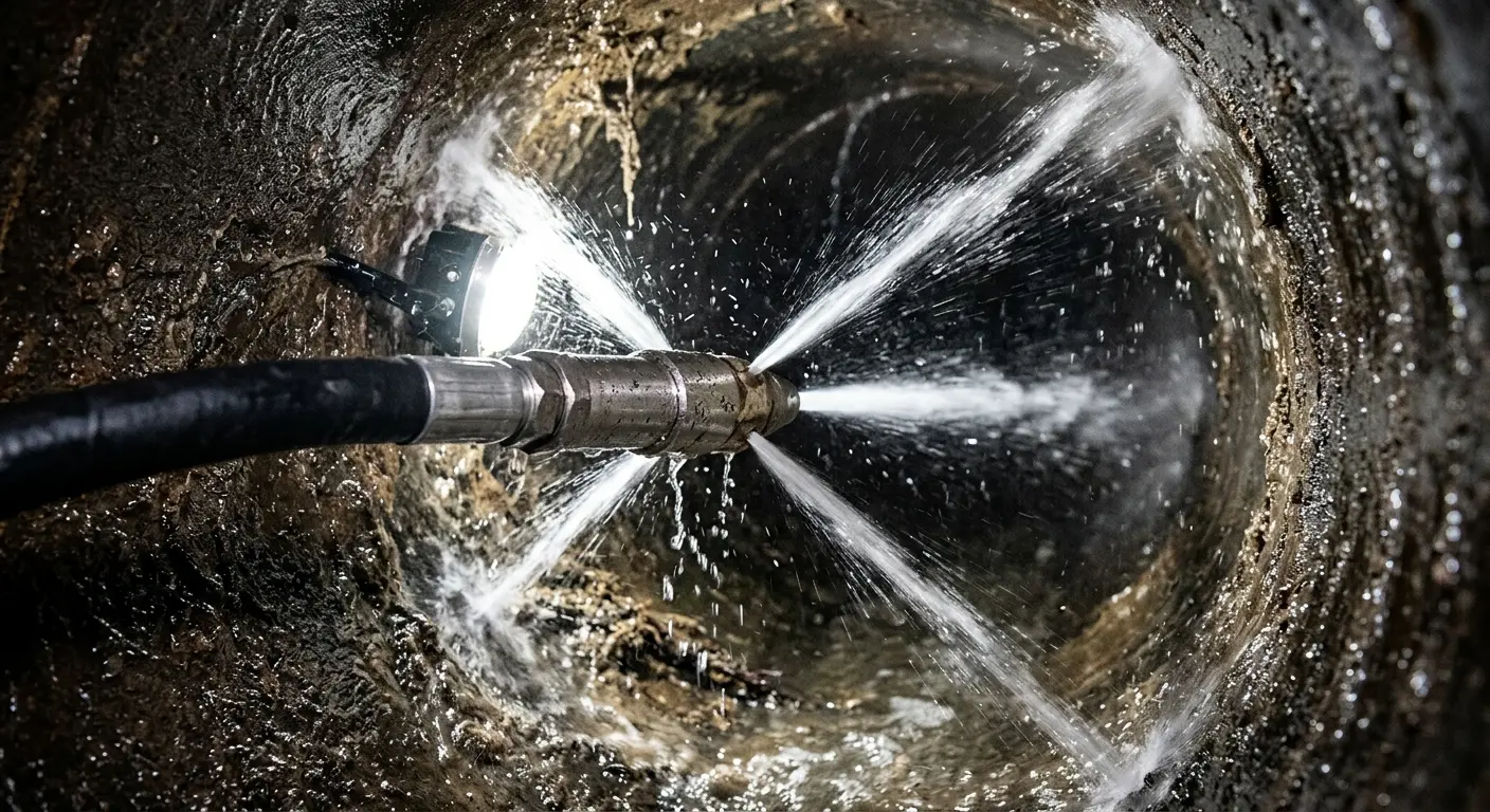 High-pressure hydro jetting nozzle cleaning sewer pipe for Trenchless Sewer Repair in West Puente Valley