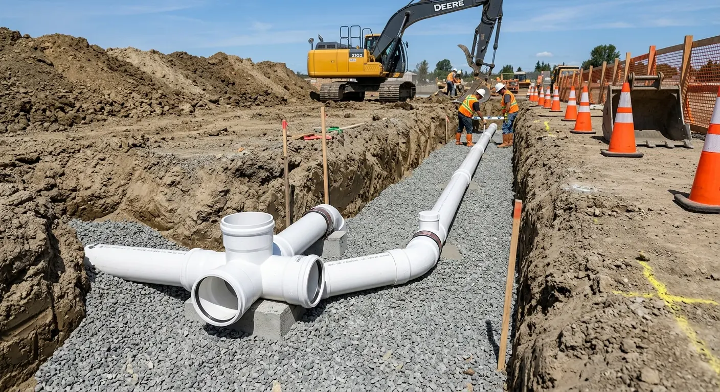 New PVC sewer pipe installation in open trench for Commercial Drain Cleaning in West Puente Valley