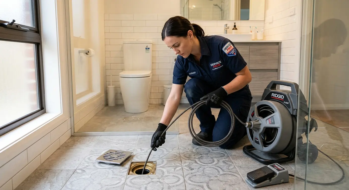 Technician clearing a bathroom floor drain for Clogged Drain Repair in West Puente Valley